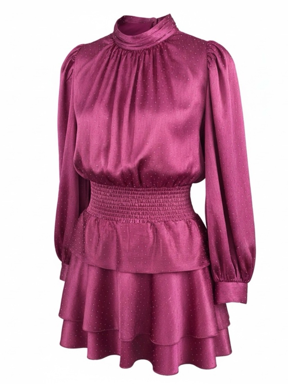 Fashion Nova Magenta Long Sleeve Tiered Satin Dress